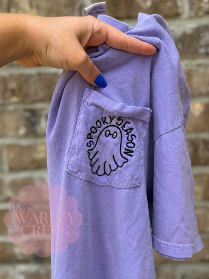 Spooky Season Ghost Embroidered Pocket Tee