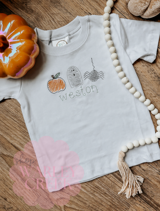 Pumpkin Ghost Spider Kids Embroidery Tee/Bubble